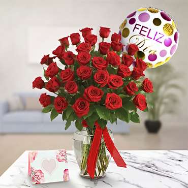 Roses + Vase + Card + Free Balloon